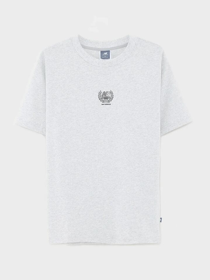 Image of a model wearing Tops. Productname: New Balance New Balance X Debut Baton Tee in Ash Heather colour by brand - New Balance
