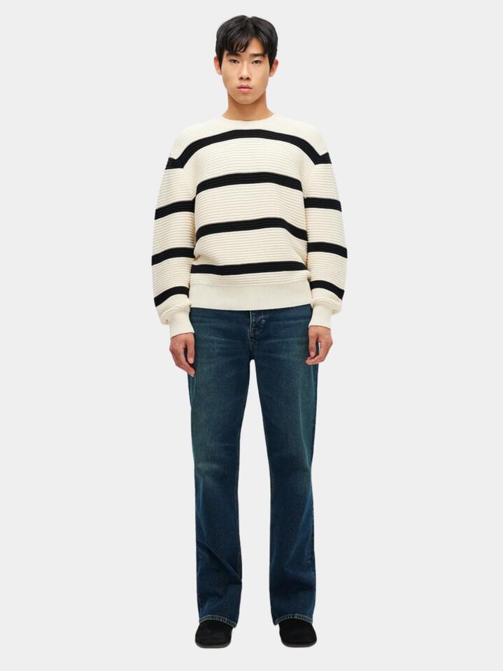 Image of a model wearing Tops. Productname: Neuw Stripe Knit Crew in Black Stripe colour by brand - Neuw