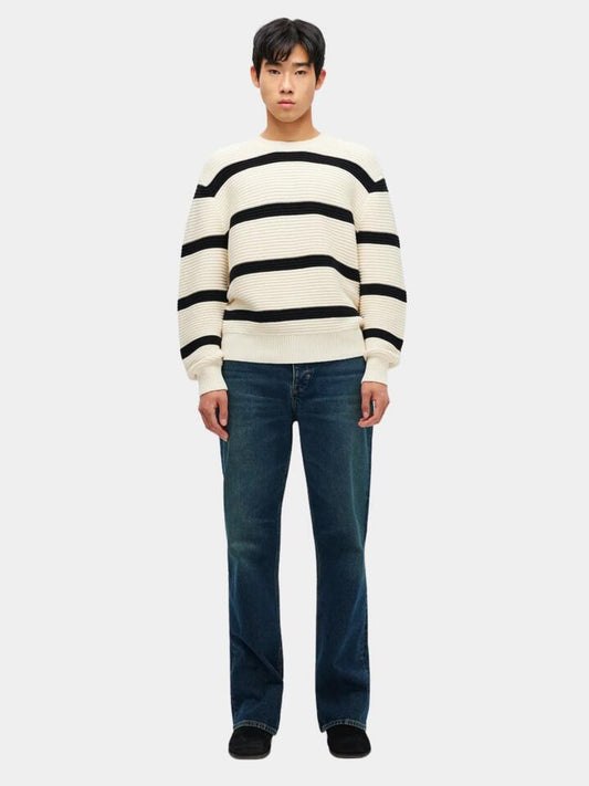 Image of a model wearing Tops. Productname: Neuw Stripe Knit Crew in Black Stripe colour by brand - Neuw