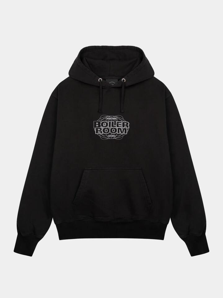 Image of a model wearing Outerwear. Productname: Boiler Room World Tour Hood in Black colour by brand - Boiler Room