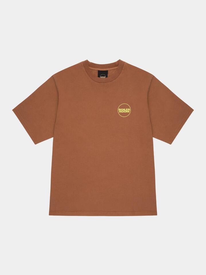 Image of a model wearing Tops. Productname: Boiler Room Core Boiler Room Tee in Caramel colour by brand - Boiler Room