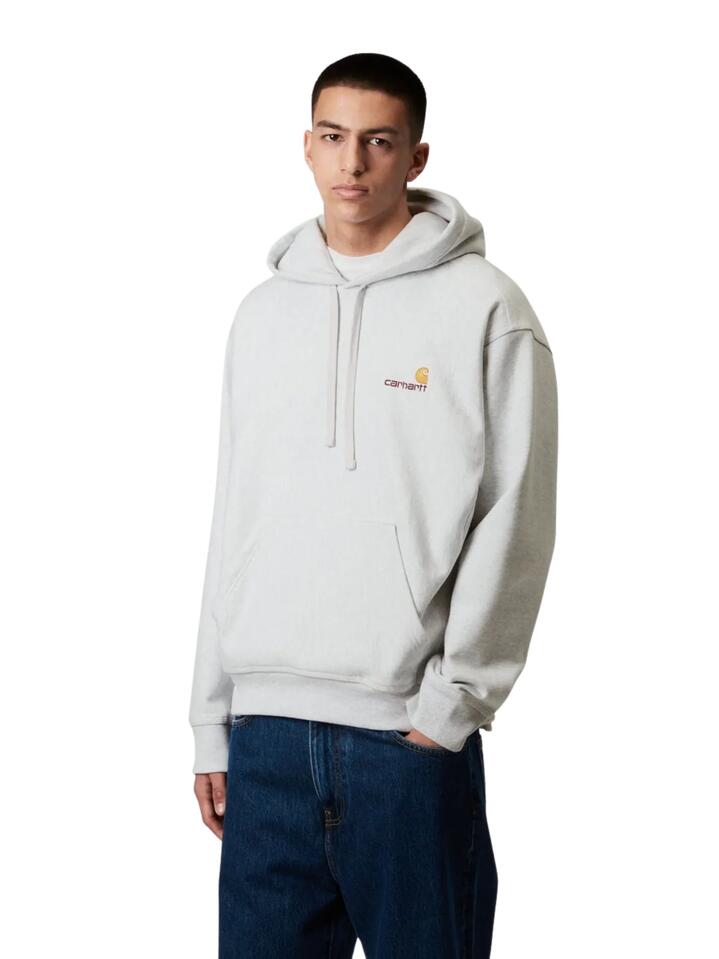 Image of a model wearing Outerwear. Productname: Carhartt Wip Hooded American Script Sweatshirt in Ash Heather colour by brand - Carhartt Wip