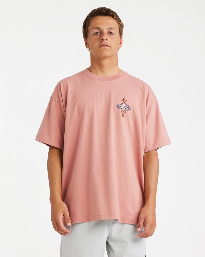 Image of a model wearing Tops. Productname: Billabong - Mens Occy Og T-Shirt - Dusty Rose - in Dusty Rose colour by brand - Billabong