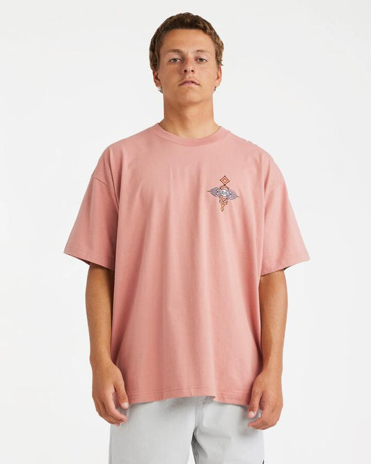 Image of a model wearing Tops. Productname: Billabong - Mens Occy Og T-Shirt - Dusty Rose - in Dusty Rose colour by brand - Billabong