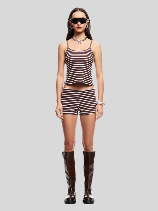 Image of a model wearing Shorts. Productname: Lioness Carrie Mini Short in Wine Stripe colour by brand - Lioness