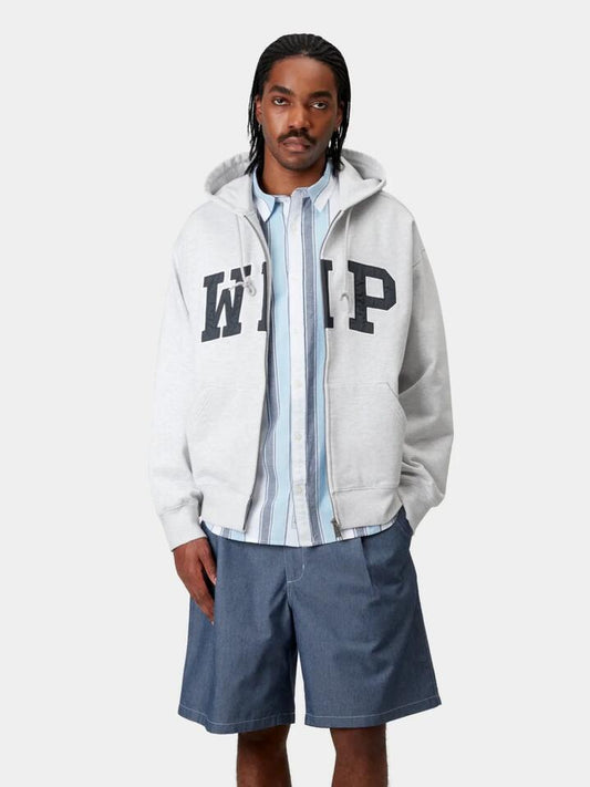 Image of a model wearing Outerwear. Productname: Carhartt Wip Hooded WIP Sweat Jacket in Ash Heather colour by brand - Carhartt Wip