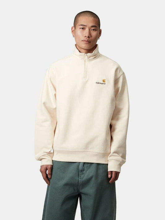 Image of a model wearing Outerwear. Productname: Carhartt Wip Half Zip American Sweat in Natural colour by brand - Carhartt Wip