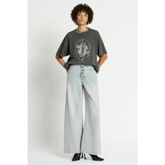 Image of a model wearing Denim. Productname: Axel Wide Leg Denim Jean in LIGHT BLUE colour by brand - sass and bide