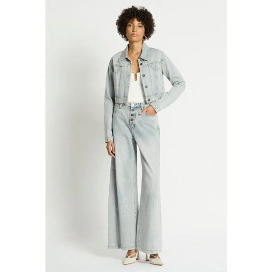 Image of a model wearing Denim. Productname: Axel Shrunken Denim Jacket in LIGHT BLUE colour by brand - sass and bide