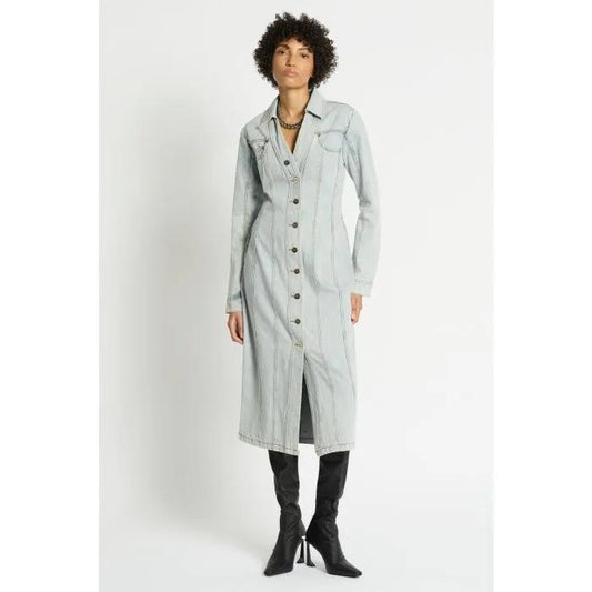 Image of a model wearing Denim. Productname: Axel Denim Dress in LIGHT BLUE colour by brand - sass and bide