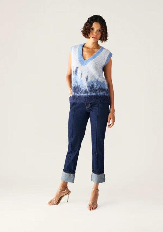 Image of a model wearing Tops. Productname: Colette Knit Vest in Midnight Blue colour by brand - MOS The Label