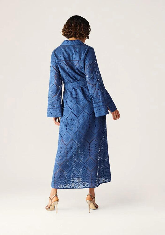 Image of a model wearing Dress. Productname: Filomena Maxi Dress in Midnight Blue colour by brand - MOS The Label