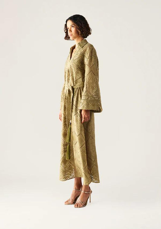 Image of a model wearing Dress. Productname: Filomena Maxi Dress in Olive colour by brand - MOS The Label