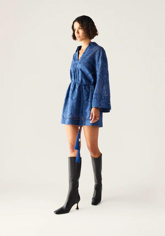 Image of a model wearing Dress. Productname: Filomena Mini Dress in Midnight Blue colour by brand - MOS The Label