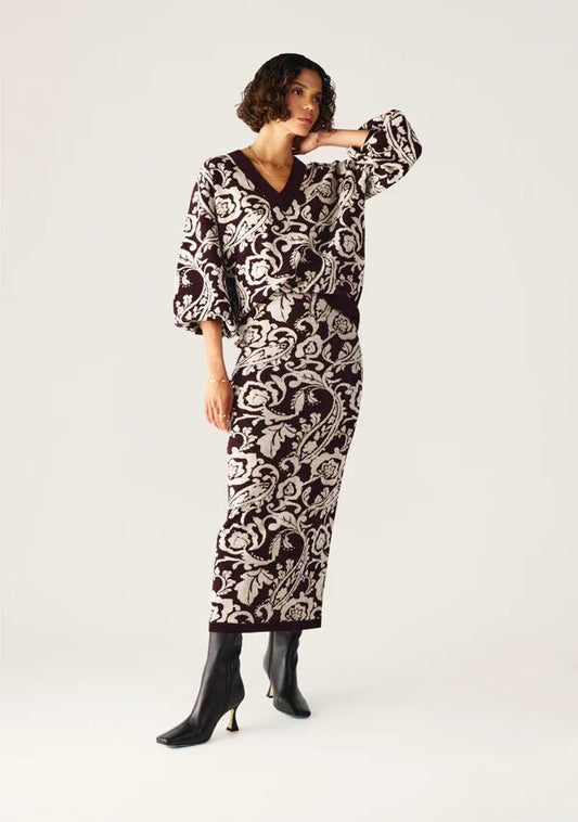 Image of a model wearing Outerwear. Productname: Seraphine Knit Jumper in Damask colour by brand - MOS The Label