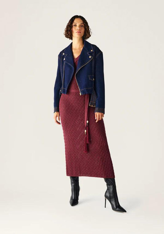 Image of a model wearing Denim. Productname: Sia Denim Biker Jacket in Deep Indigo colour by brand - MOS The Label