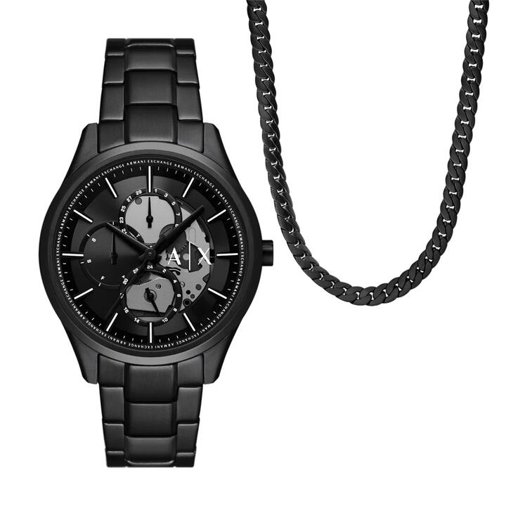 Image of Necklaces. Productname: Armani Exchange Multifunction Black Stainless Steel Watch and Necklace Set AX7160SET in Watch colour by brand - Armani Exchange