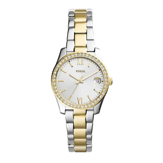 Image of Watches. Productname: Fossil Scarlette Mini Three-Hand Date Two-Tone Stainless Steel Watch ES4319 in Watch colour by brand - Fossil