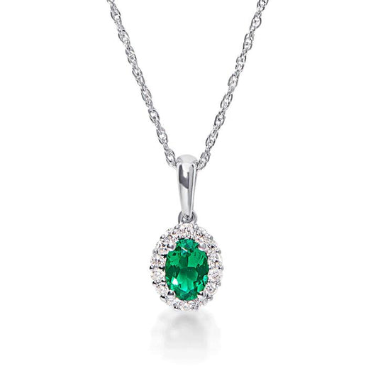 Image of Charms. Productname: 45cm Oval Created Emerald Halo Necklace with 0.13tw of Laboratory-Grown Diamonds in Rhodium Plated Sterling Silver in colour by brand - Bevilles