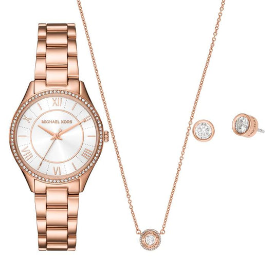 Image of Earrings. Productname: Michael Kors Lauryn Three-Hand Rose Gold-Tone Stainless Steel Watch, Earrings and Necklace Gift Set MK4850SET in Watch colour by brand - Michael Kors