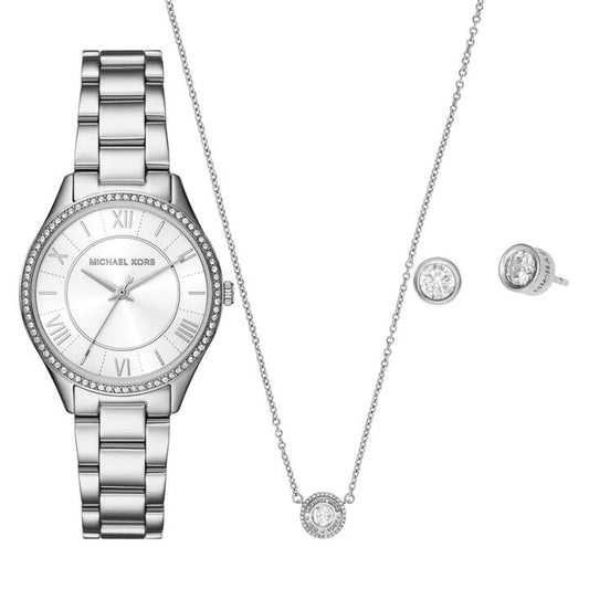 Image of Earrings. Productname: Michael Kors Lauryn Three-Hand Stainless Steel Watch, Earrings and Necklace Gift Set MK4851SET in Watch colour by brand - Michael Kors