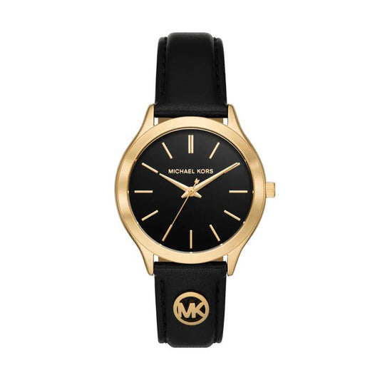 Image of Watches. Productname: Michael Kors Slim Runway Three-Hand Black Leather Watch MK7482 in Watch colour by brand - Michael Kors