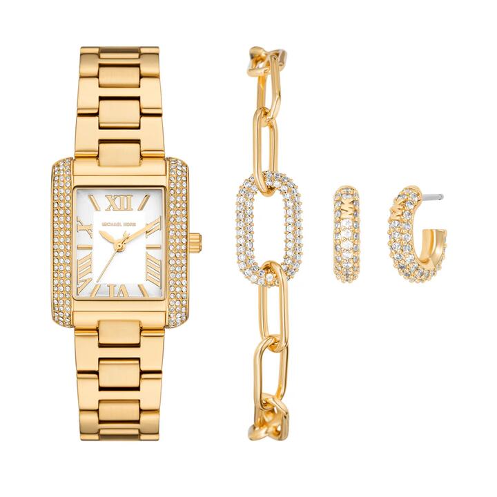 Image of Bracelets. Productname: Michael Kors Emery Three-Hand Gold-Tone Stainless Steel Watch, Earrings and Bracelet Gift Set MK4837SET in Watch colour by brand - Michael Kors