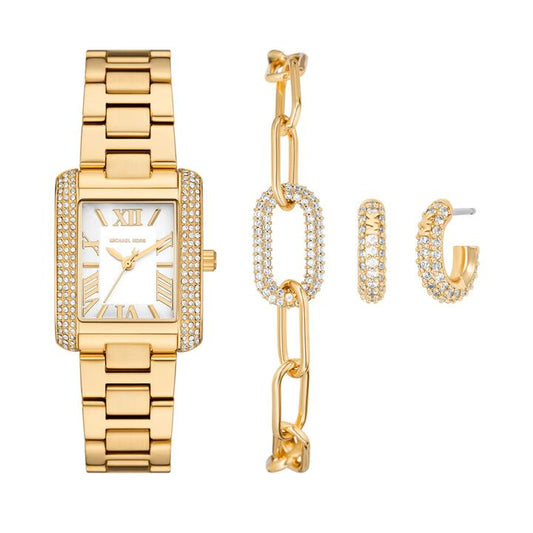 Image of Bracelets. Productname: Michael Kors Emery Three-Hand Gold-Tone Stainless Steel Watch, Earrings and Bracelet Gift Set MK4837SET in Watch colour by brand - Michael Kors
