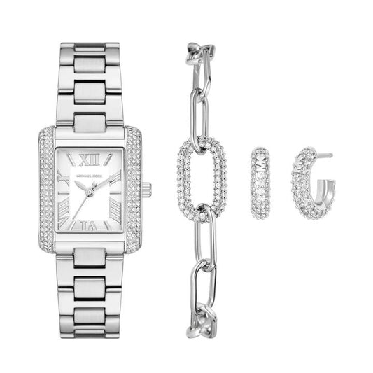 Image of Bracelets. Productname: Michael Kors Emery Three-Hand Stainless Steel Watch, Earrings, and Bracelet Gift Set MK4839SET in Watch colour by brand - Michael Kors