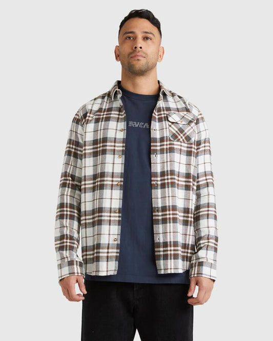 Image of a model wearing Tops. Productname: RVCA - Mens Plowman Flannel Long Sleeve Shirt - Natural - in Natural colour by brand - RVCA