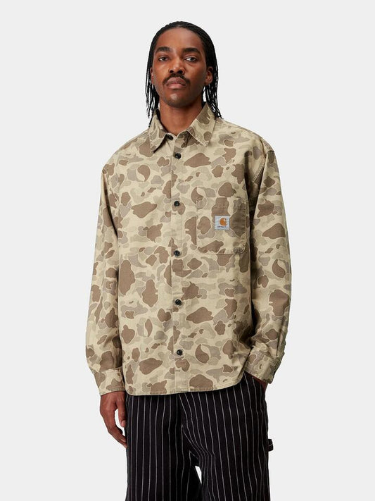 Image of a model wearing Tops. Productname: Carhartt Wip L/S Duck Shirt in Camo Duck colour by brand - Carhartt Wip