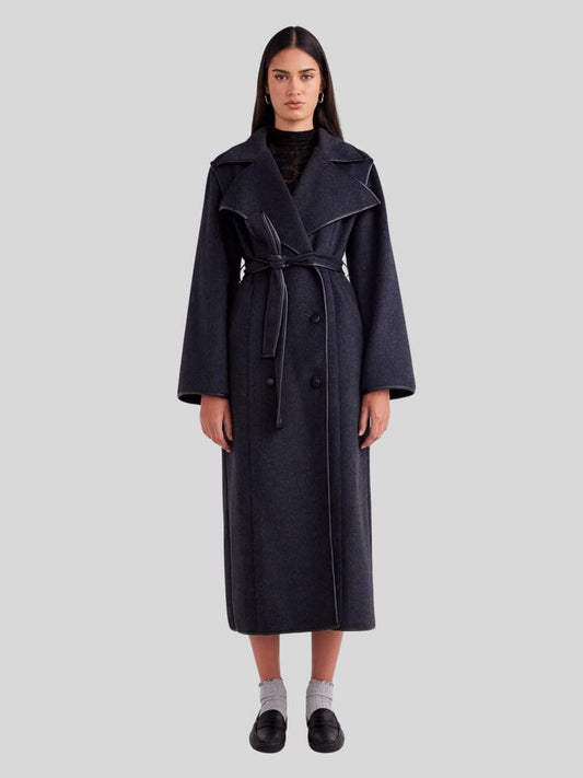 Image of a model wearing Outerwear. Productname: SNDYS Dawes Coat in Charcoal colour by brand - SNDYS