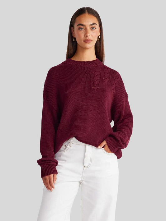 Image of a model wearing Tops. Productname: SNDYS Elm Crew Knit in Cabernet colour by brand - SNDYS