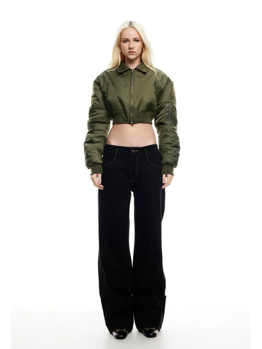 Image of a model wearing Outerwear. Productname: Lioness Essential Cropped Bomber in Moss colour by brand - Lioness