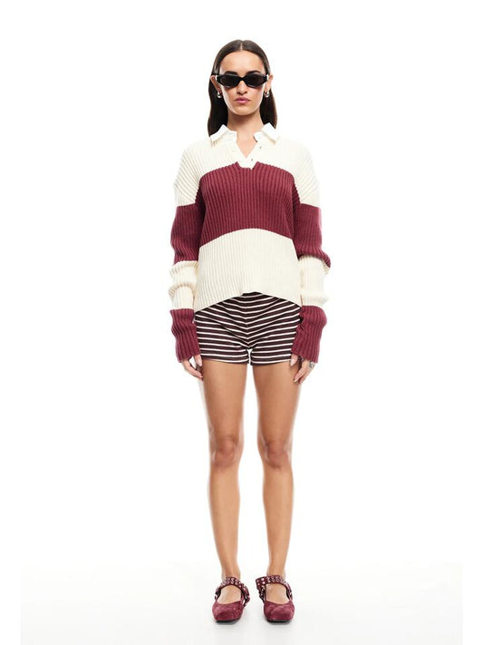 Image of a model wearing Tops. Productname: Lioness Prince Rugby in Maroon Stripe colour by brand - Lioness