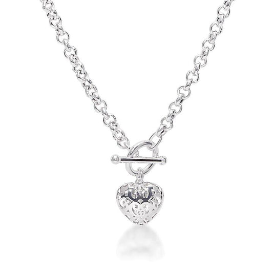 Image of Necklaces. Productname: 45cm Puff Heart Fob Belcher Necklace in Sterling Silver in Silver colour by brand - Bevilles