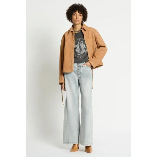 Image of a model wearing Outerwear. Productname: Daybreak Suede Jacket in TOBACCO colour by brand - sass and bide