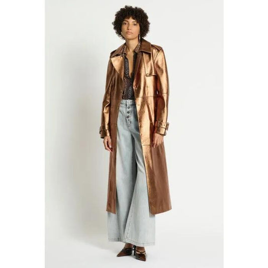 Image of a model wearing Outerwear. Productname: Curtain Call Leather Trench in COPPER FOIL colour by brand - sass and bide