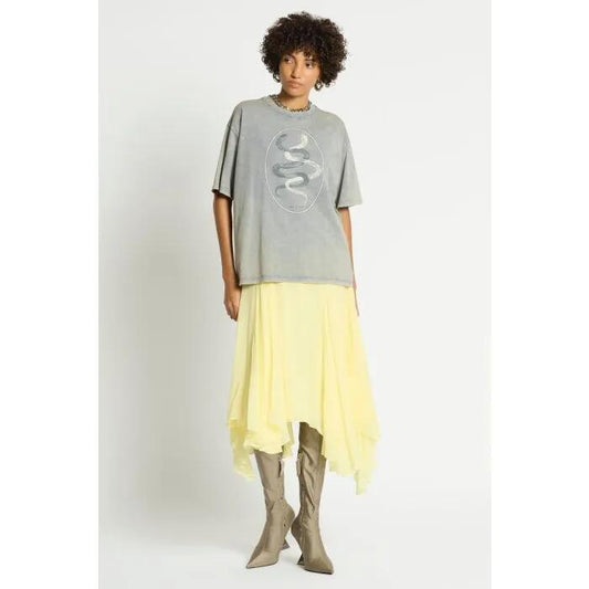 Image of a model wearing Tops. Productname: Intertwined Tee in STEEL colour by brand - sass and bide