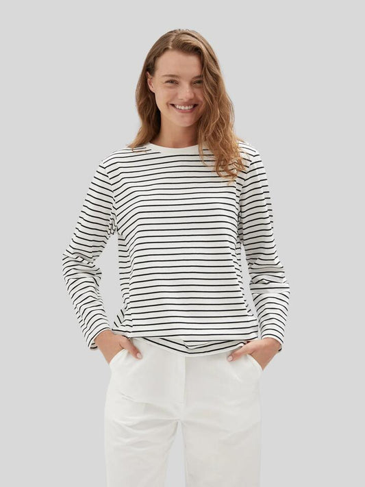 Image of a model wearing Tops. Productname: Holiday Shop Cotton Striped Long Sleeve Top in White Stripe colour by brand - Holiday Shop