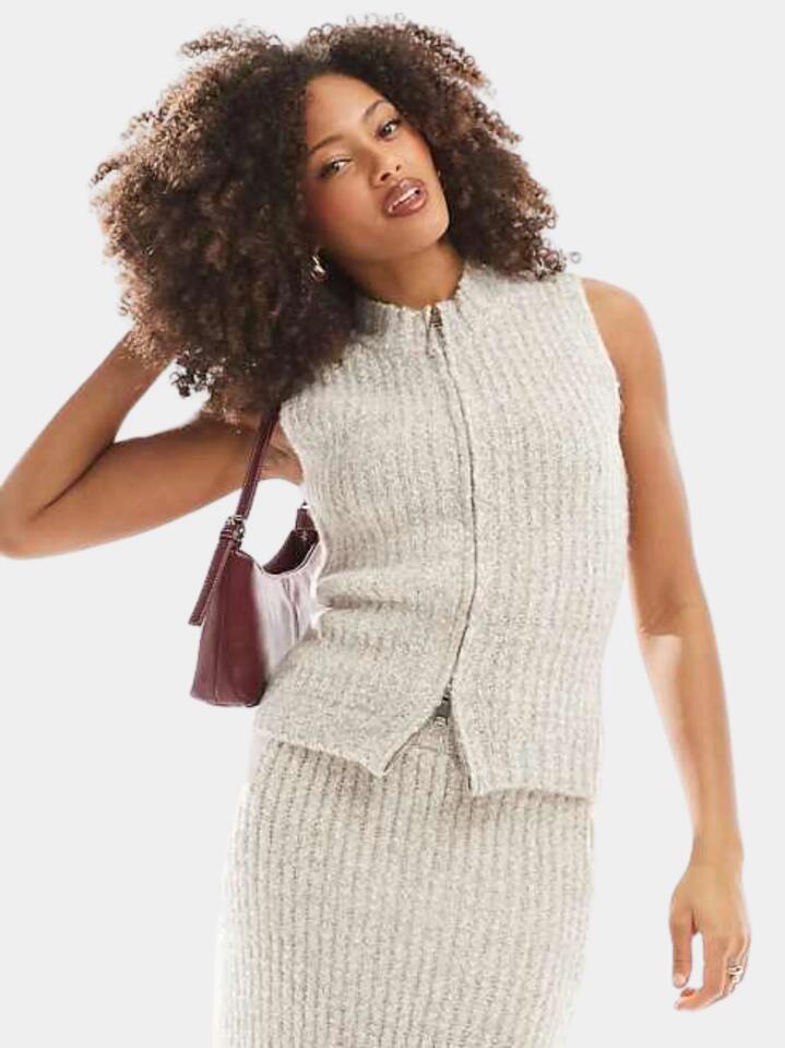 Image of a model wearing Tops. Productname: 4th & Reckless Brandy vest in Camel colour by brand - 4th & Reckless