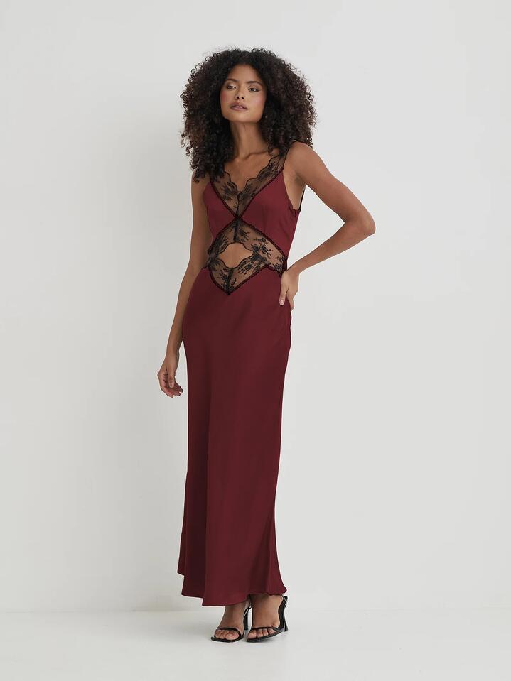 Image of a model wearing Dress. Productname: 4th & Reckless Satin Lace Slip Dress Kelsey in Burgundy colour by brand - 4th & Reckless