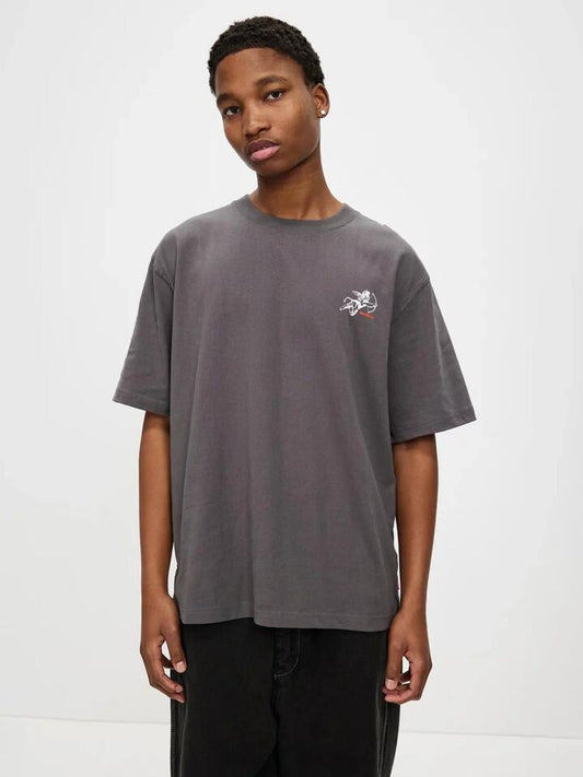 Image of a model wearing Tops. Productname: Worship Cherub Tee in WORN BLACK colour by brand - Worship