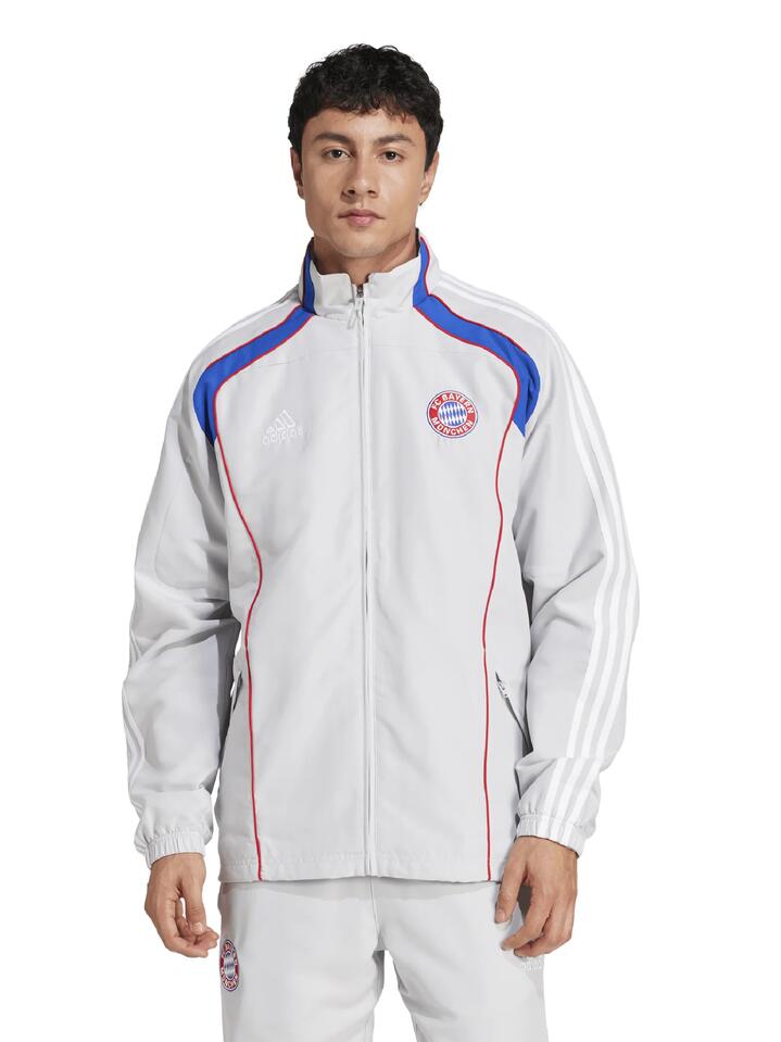 Image of a model wearing Tops. Productname: Adidas FC Bayern Track Top in TEAM LIGHT GREY colour by brand - Adidas
