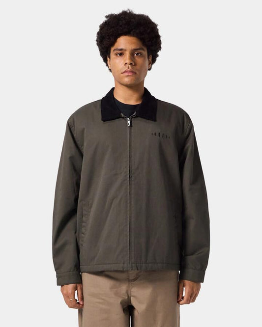 Image of a model wearing Outerwear. Productname: Former - Mens Reynolds Coach Jacket - Deep Olive - in Deep Olive colour by brand - Former