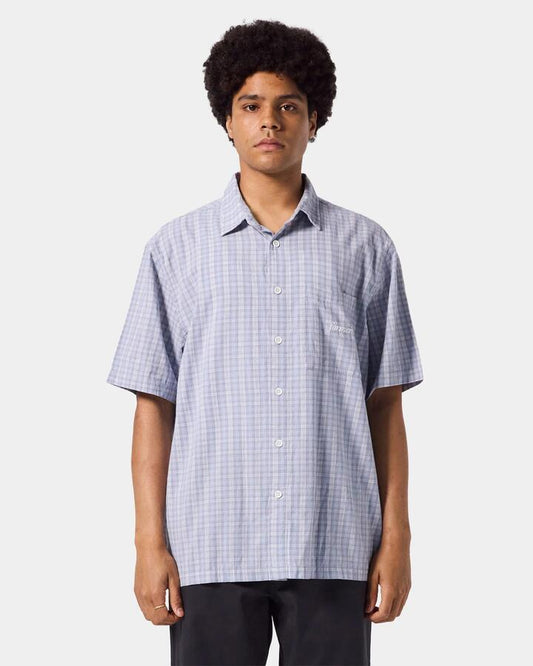 Image of a model wearing Tops. Productname: Former - Mens Manners Short Sleeve Shirt - Blue - in Blue colour by brand - Former