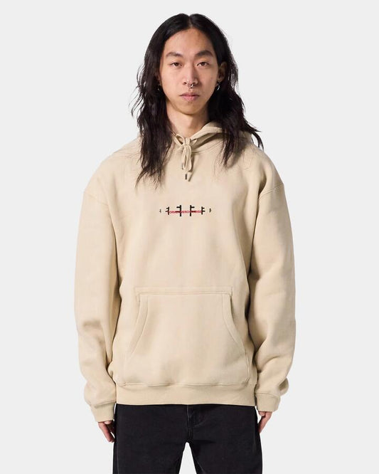 Image of a model wearing Outerwear. Productname: Former - Mens Recurrent F Pullover Hoodie - Bone - in Bone colour by brand - Former