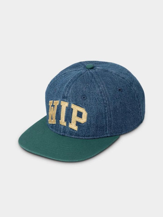 Image of a model wearing Denim. Productname: Carhartt Wip WIP Denim Cap ONE SIZE BLUE/RAINFOREST/AIR YELLOW in BLUE/RAINFOREST/AIR YELLOW colour by brand - Carhartt Wip