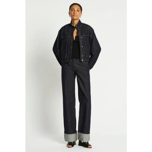 Image of a model wearing Denim. Productname: Labyrinth Denim Jacket in RAW INDIGO colour by brand - sass and bide
