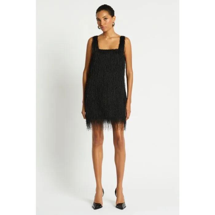 Image of a model wearing Dress. Productname: Dolce Fringe Dress in Black colour by brand - sass and bide